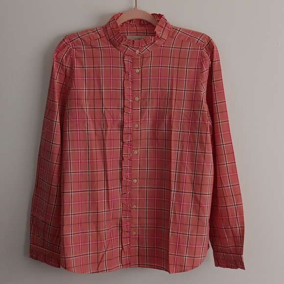 Loft Plaid Ruffle Mock Neck Button Front Shirt #1651 - Picture 1 of 8